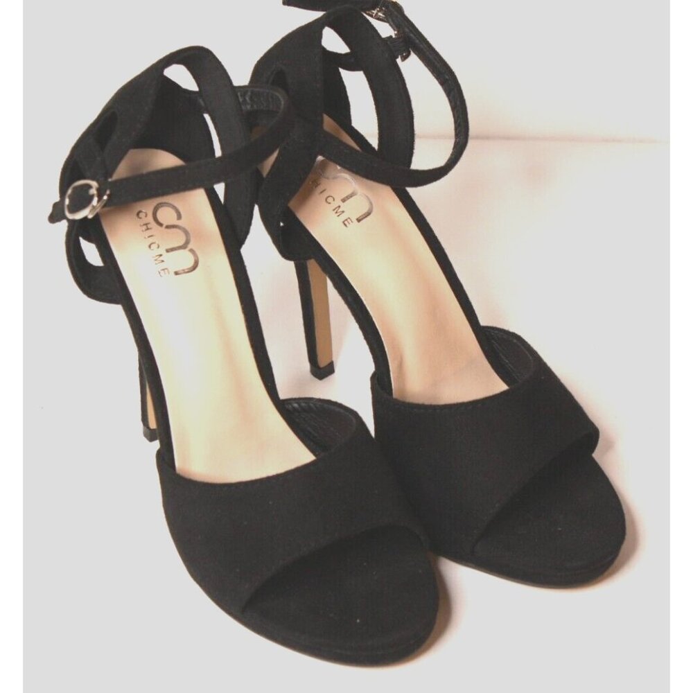 Chicme Faux-Suede Black Ankle Strap Peep Toe Platform Sandals Heels Size 9